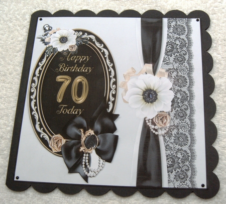 Black & White 70th Birthday Card with Oval Topper by Margaret Scott
