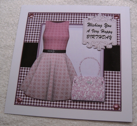Pink dress and handbag card front by Margaret Scott
