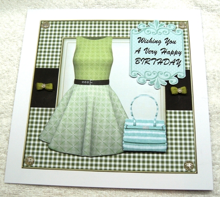 Green dress and handbag card front 1 by Margaret Scott
