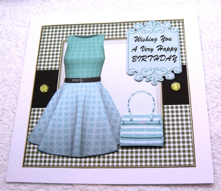 Green dress and handbag card front by Margaret Scott