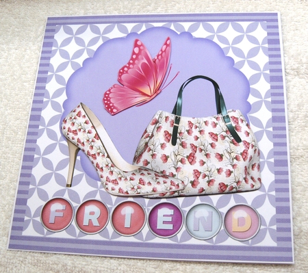 Friend purple and pink shoe and handbag card front by Margaret Scott