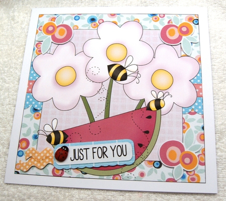 Watermelon and Bees Square Card 1 by Margaret Scott
