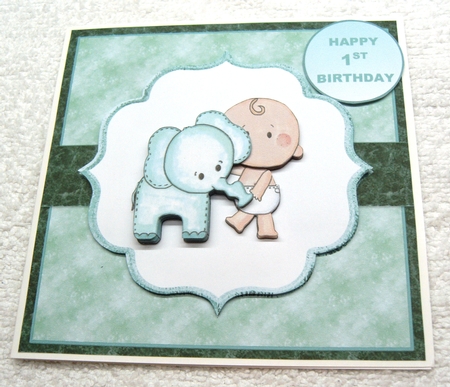 CUTIE BABY WITH ELEPHANT 1ST  BIRTHDAY TOPPER by Margaret Scott