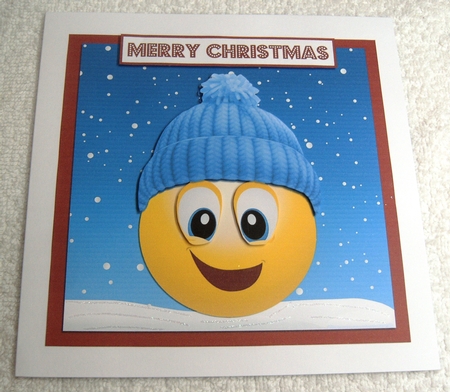BLUE WOOLY HAT CHRISTMAS EMOTICON QUICK CARD by Margaret Scott