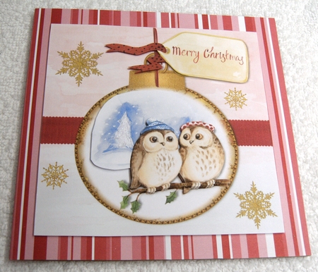 Owls in hat christmas card topper for 6 x 6 card by Margaret Scott