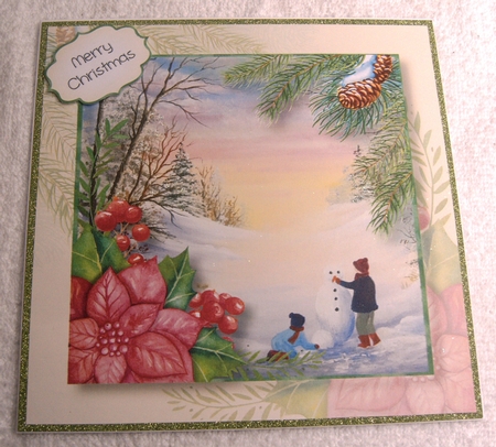 Building A Snowman Beautiful Watercolour 8x8 by Margaret Scott
