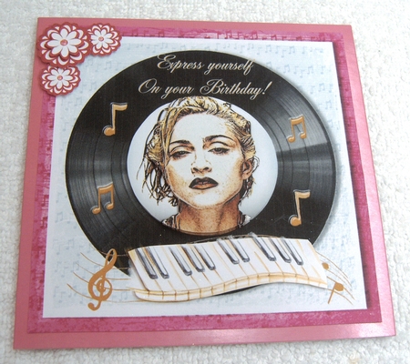 Madonna themed birthday card topper for 6 x 6 card by Margaret Scott