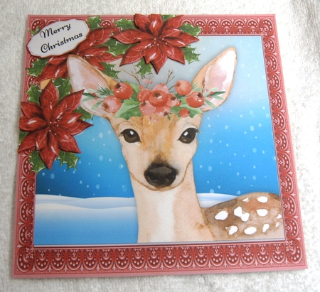 Gorgeous Deer With Red Poinsettias 8x8 by Margaret Scott