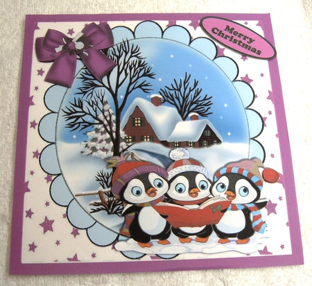 A Trio of Carol singing penguins with snow scene (Pink) 8x8 by Margaret Scott
