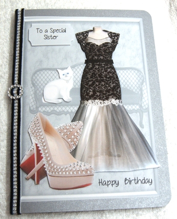 Ladies birthday card with evening dress, high heels and cat with family tags by Margaret Scott