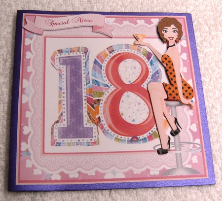 18th Birthday card front with party girl & family banners by Margaret Scott