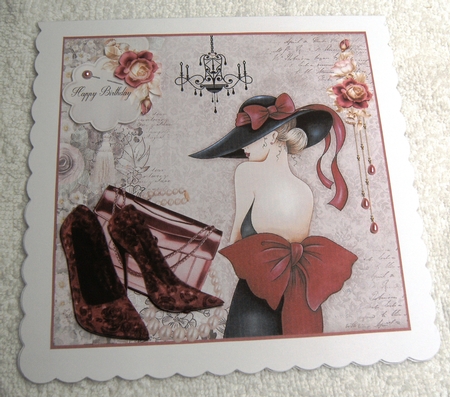 Shoes and Handbag fashion card front with decoupage and sentiments by Margaret Scott