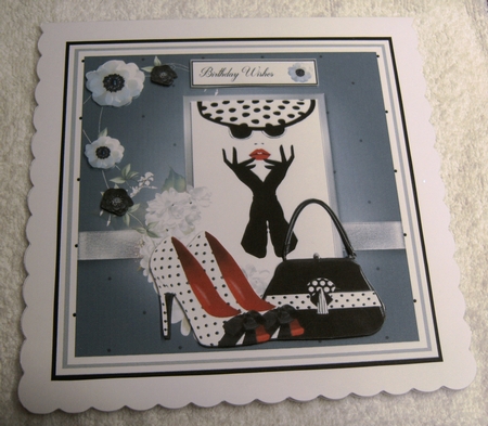 Fashion Style card front with decoupage and sentiments by Margaret Scott