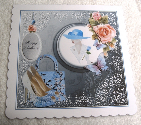 Stylish fashion card front with decoupage and sentiments. by Margaret Scott