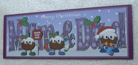 Crazy Christmas Puddings with Christmas stockings MUM & DAD large dl 3 by Margaret Scott