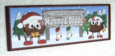 Crazy Christmas Pudding Couple with Mistletoe and big sign MUMMY & DADDY large dl by Margaret Scott