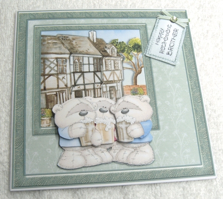 300dpi 6 x 6in Topper and decoupage- Male Relative Retirement - Bears drinking by Margaret Scott