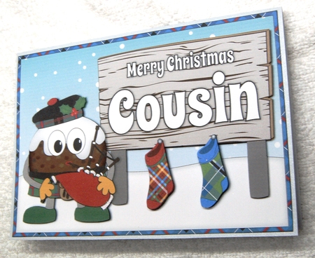 Crazy Scottish Christmas Pudding with big sign COUSIN decoupage by Margaret Scott