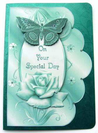 Special Day Aqua Rose and Butterfly Scalloped Edge Card by Margaret Scott