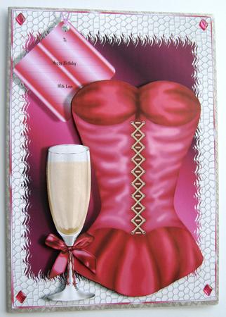 Pink Corset and Champagne Glass Card Front by Margaret Scott