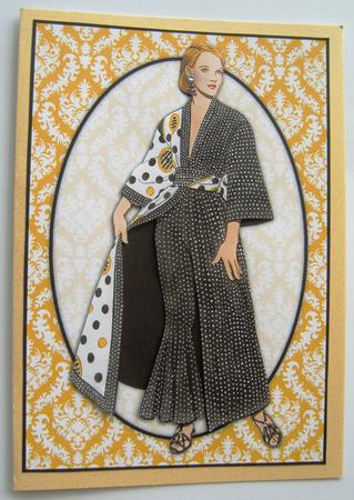 Vintage Fashion Lady on Damask Background Card Front by Margaret Scott