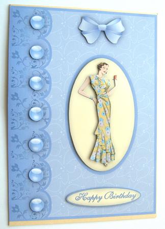 Glamour Girl in Blue Decoupage Card Front by Margaret Scott