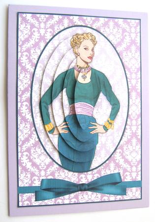 Vintage Fashion Lady on Damask Background Card Front by Margaret Scott