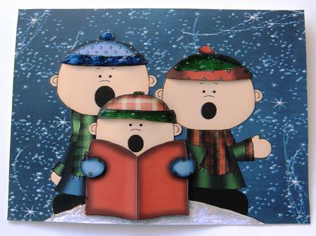 3 Christmas Children Singing on Blue Starry Night by Margaret Scott