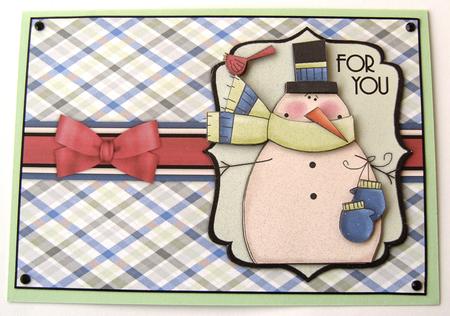 Snuggly Snowman with Bird Decoupage Card - Pistachio & Blue by Margaret Scott