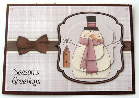 Snowman with Birdhouse Pyramage Card - Dusky Pink by Margaret Scott