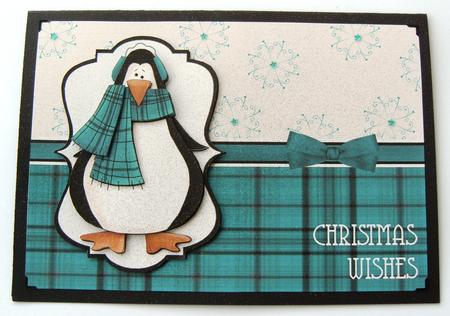 Prim Penguin Decoupage Card Front - Teal by Margaret Scott