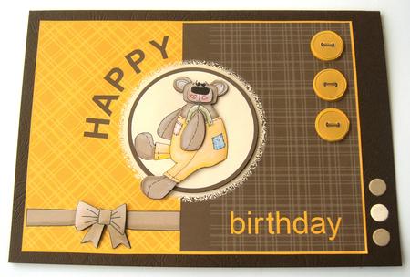 Teddy Bear Birthday Card in Brown and Yellow by Margaret Scott