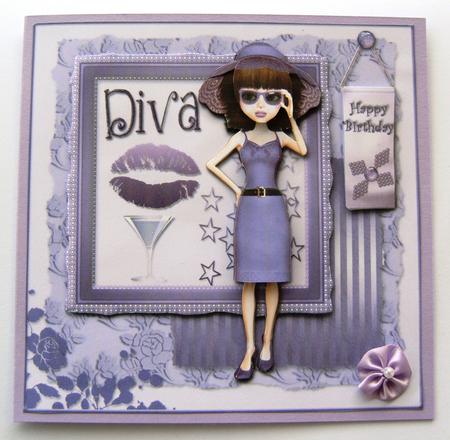 Purple Diva Birthday Card Front by Margaret Scott