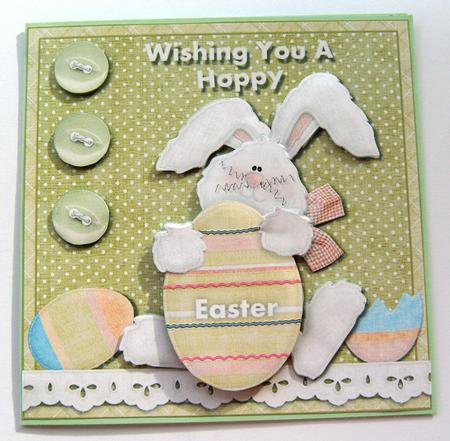 Wishing You a Hoppy Easter Card Front Rabbit with Egg by Margaret Scott