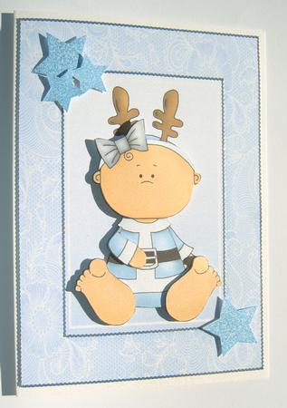 Cute Little Baby in Blue with Reindeer Ears by Margaret Scott