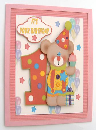 Happy 1st Birthday Decoupage Card Front by Margaret Scott