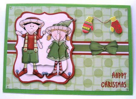 Elves Happy Christmas Pyramage Card - Red & Green by Margaret Scott