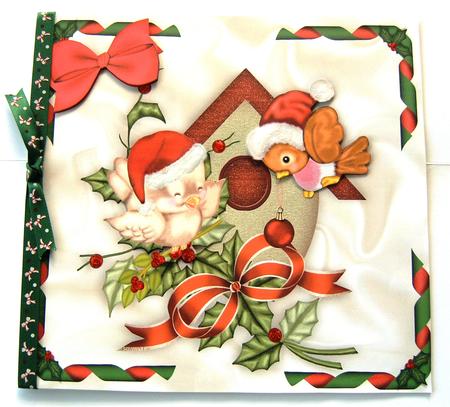 Little Birdies in Santa Hats in a Birdhouse by Margaret Scott