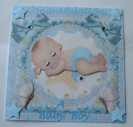 Sweet Baby Boy in Lace Frame with Bows and Butterflies by Margaret Scott