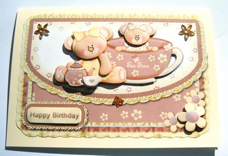 Teacup Bears on Frilled Envelope Style Card Front by Margaret Scott