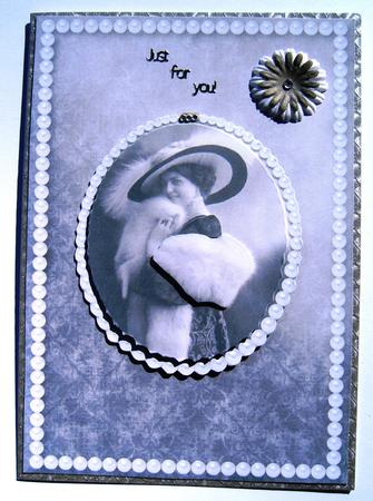 Vintage Lady in Brown & Cream Card Front by Margaret Scott