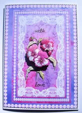 Pink Pansies Decoupage Card with Lace and Pearls by Margaret Scott