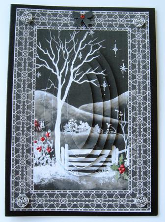 Winter Scene in Black and White Card Front with Pyramid by Margaret Scott