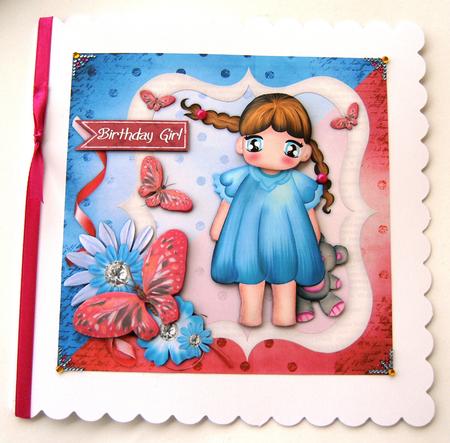 Cute Girl 6x6 Decoupage Card - Hot Pink & Blue by Margaret Scott