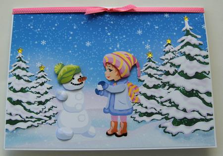 Little Girl & Snowman Christmas Scene Decoupage Card by Margaret Scott