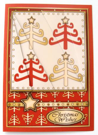 Funky Christmas Trees Card Front Red by Margaret Scott