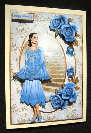 Blue Glitter Rose and Dress Card and Decoupage by Margaret Scott
