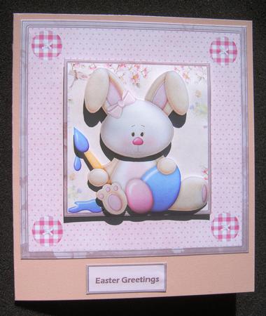 Rabbit Painting Eggs Card with Decoupage by Margaret Scott