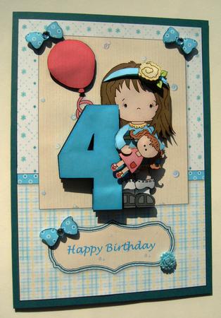 Girls Fourth Birthday Party Card Front and Decoupage by Margaret Scott