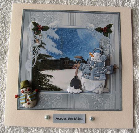 Snowman Watches a Train Card with Decoupage by Margaret Scott